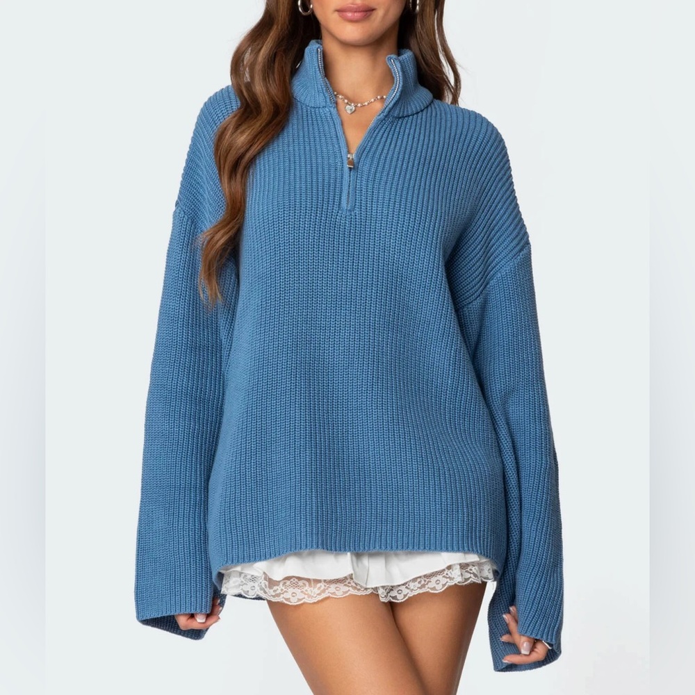 Edikted Sweater Women’s Medium Blue Cropped Ribbed Quarter Zip Pullover